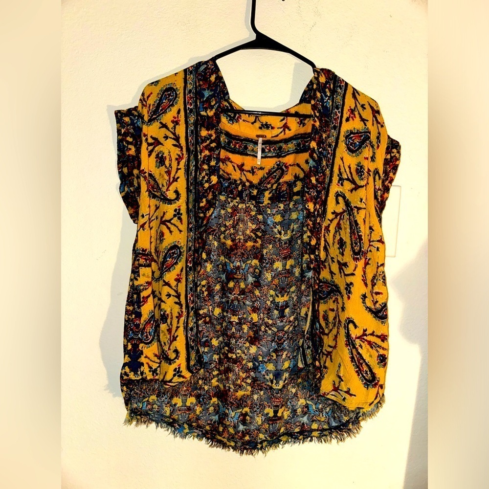Free People women’s boho yellow printed sleeveless lightweight open cardigan XS